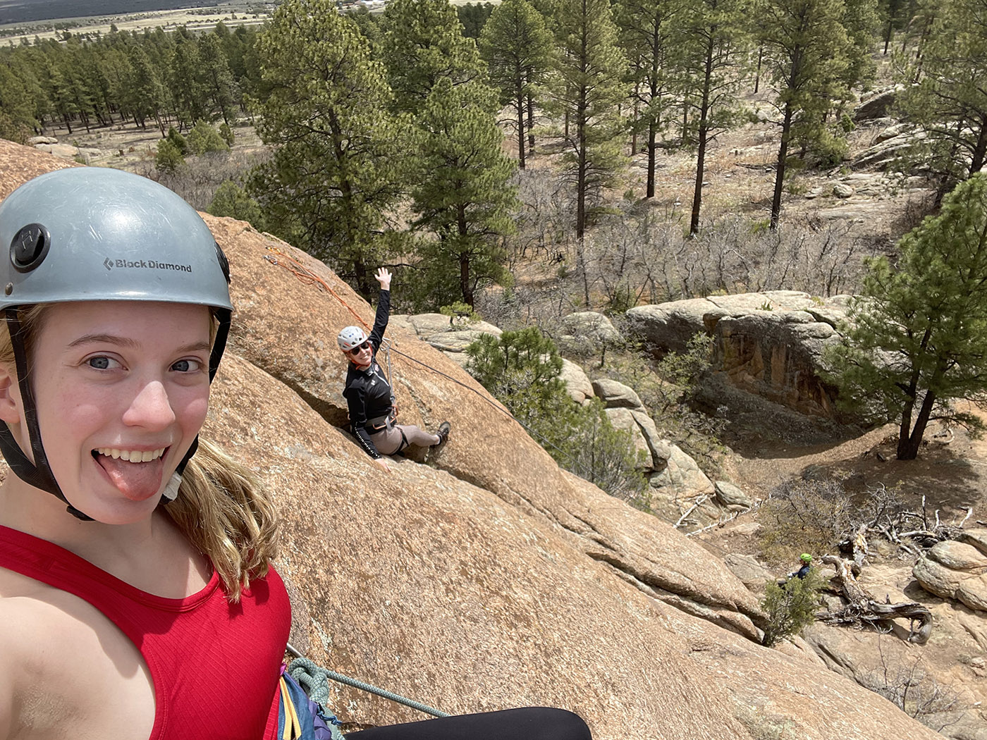 Students take a break while rock climbing at SMU-in-Taos