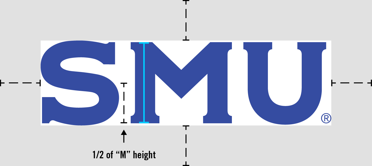 A diagram of the SMU logo spacing guidelines
