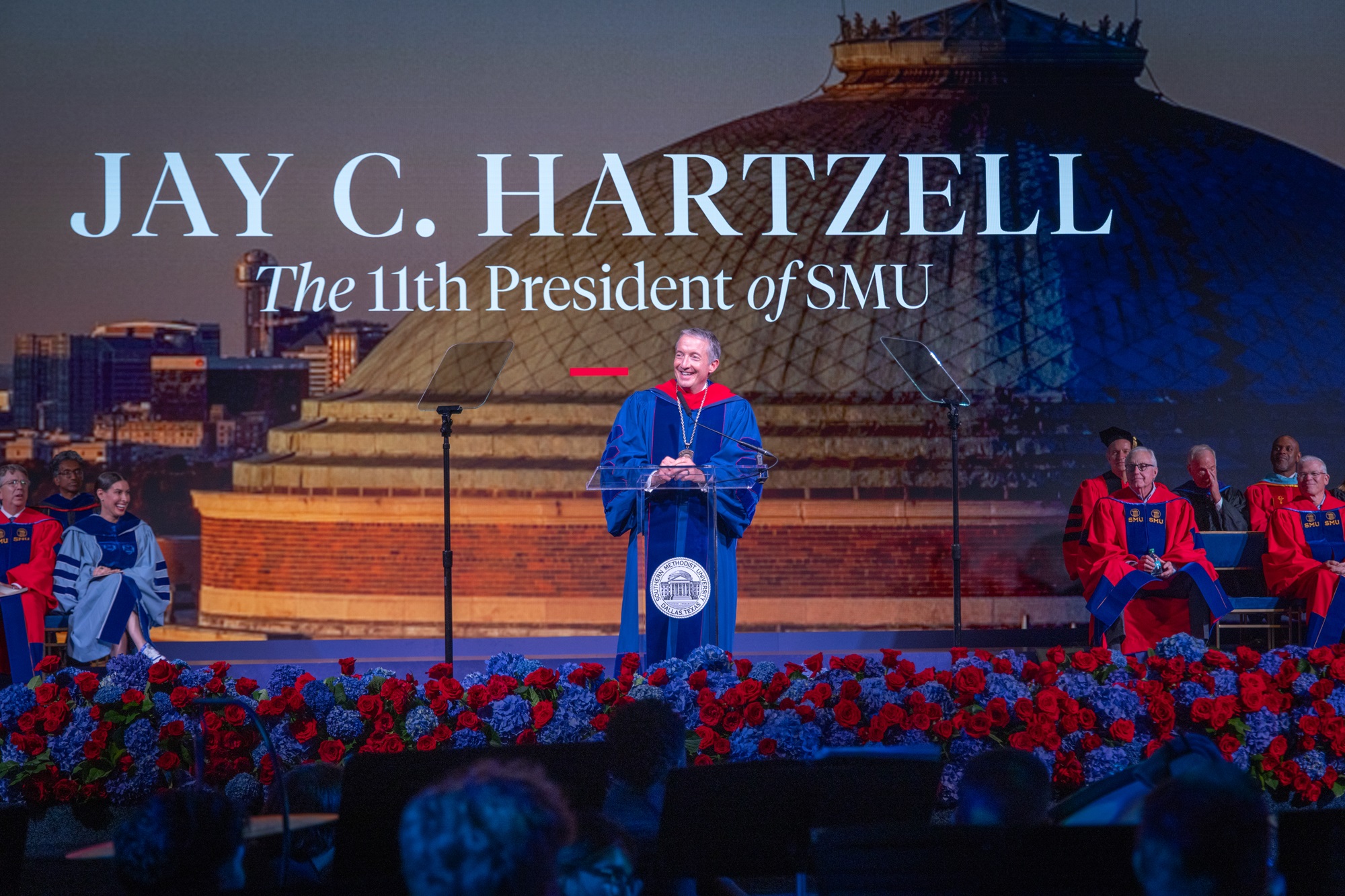 SMU President Jay C. Hartzell addresses alumni, students and faculty during a campus event.