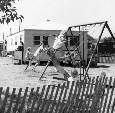 Children playing in Trailerville at SMU in the 1940s.