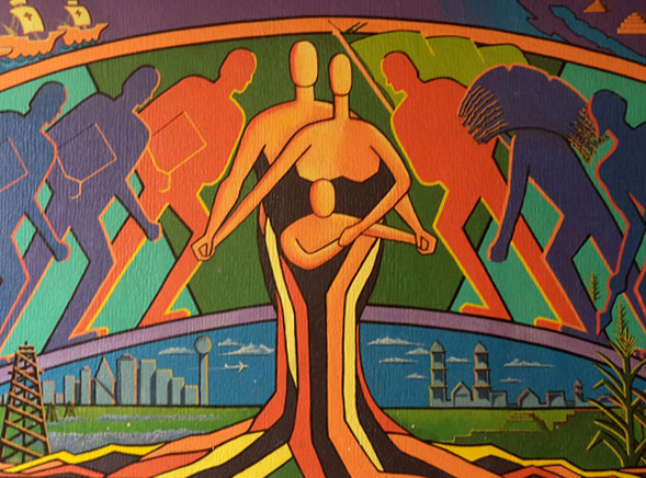 Photo of Raizes Hispanas, a commissioned mural in the Pike Park Field House by artist Juan Manuel Campos, 1988.