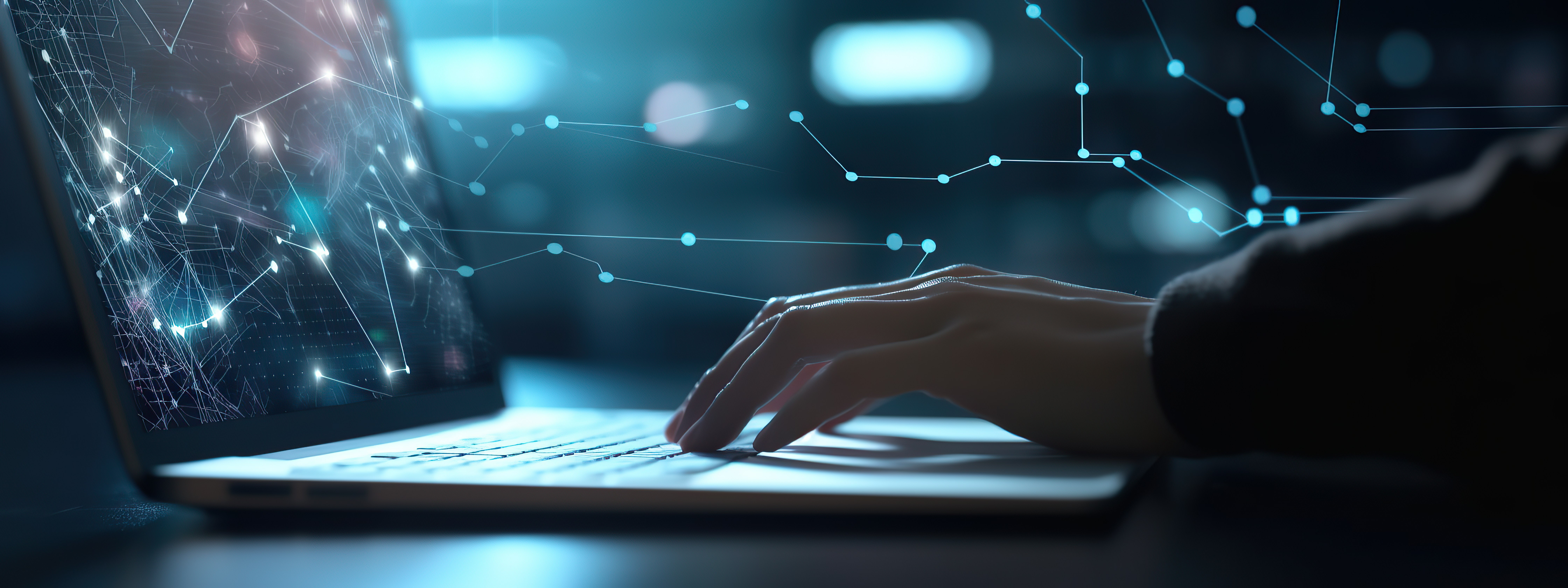 Person typing on laptop with glowing digital network graphics on screen.