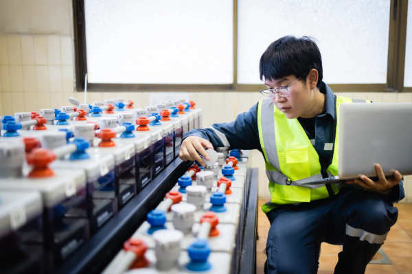 Adobe Stock Image Technician inspects backup power system battery while holding laptop in maintenance room ensuring reliable energy supply and system functionality
