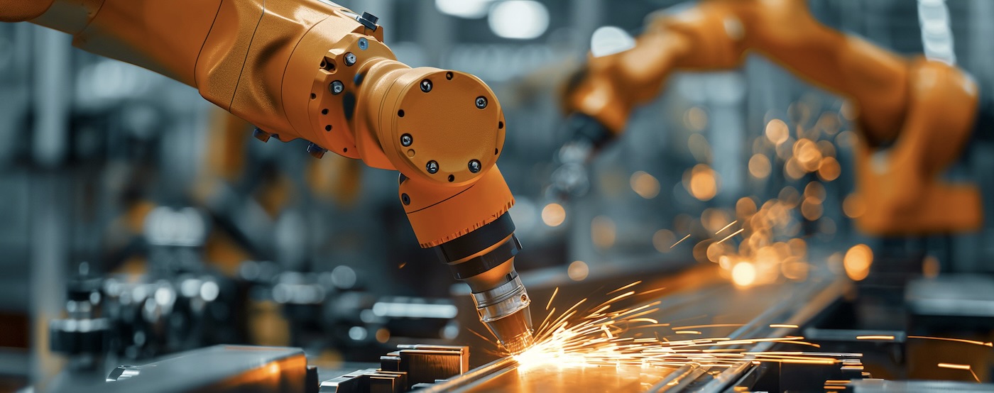 robotic arms moving in a factory with sparks