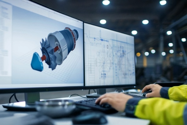 Engineer working on 3D CAD models of mechanical components related to thermal and fluid systems on computer monitors.