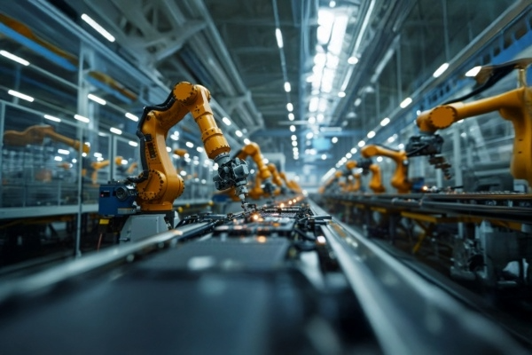 Here is the picture of a  Robotic arms in a modern manufacturing facility.