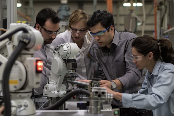 Mechanical engineers gathered around a robot
