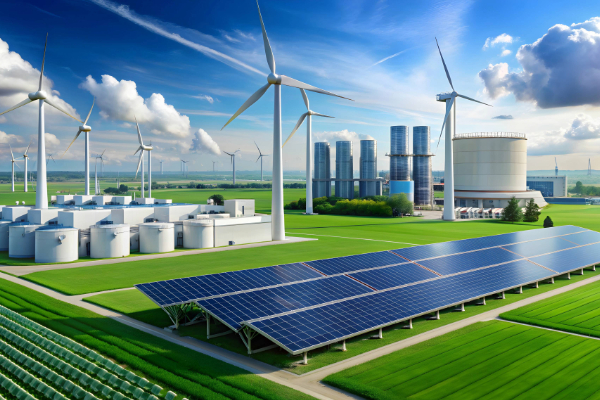 AI Generated image of wind turbines generated sustainable wind energy at sunset