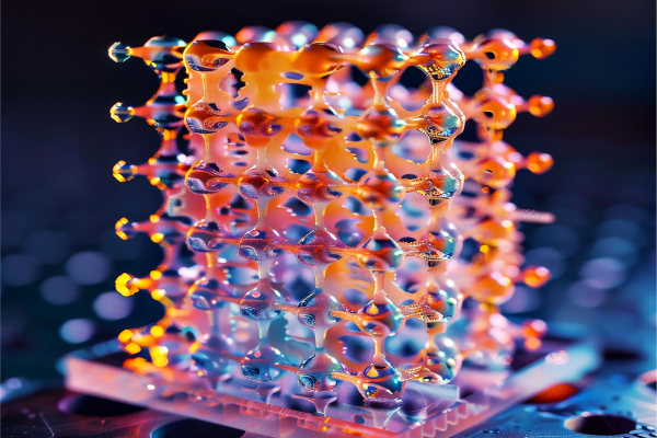 A close up image of a disk made of engineered material reflecting a color spectrum of lights