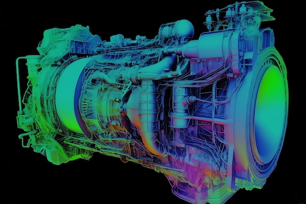 An AI generated image representing the design of an engineering turbine in the style of a thermal camera
