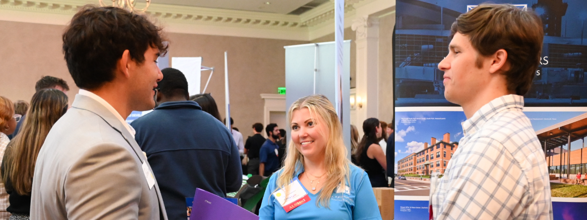 Students talk with a potential employer at Engineering Connections at SMU