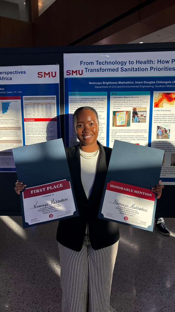 SMU student Nomyuyo Makhathini stands in front of her research poster holding two SMU award certificates.