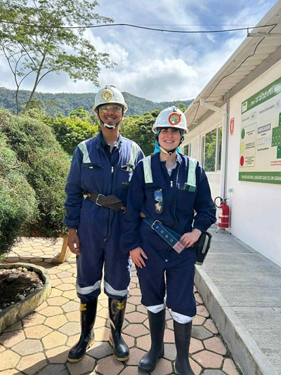 SMU undergraduate student Kevin Sumpon and Colorado School of Mines undergraduate student Shelby Gilson suit up for collecting data from the sensor network.  