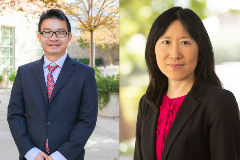Side by side portraits of Dr. Dr. Xihao Xie and Dr. Jia Zhang of the SMU Department of Computer Science standing outside at SMU Lyle in Dallas Texas