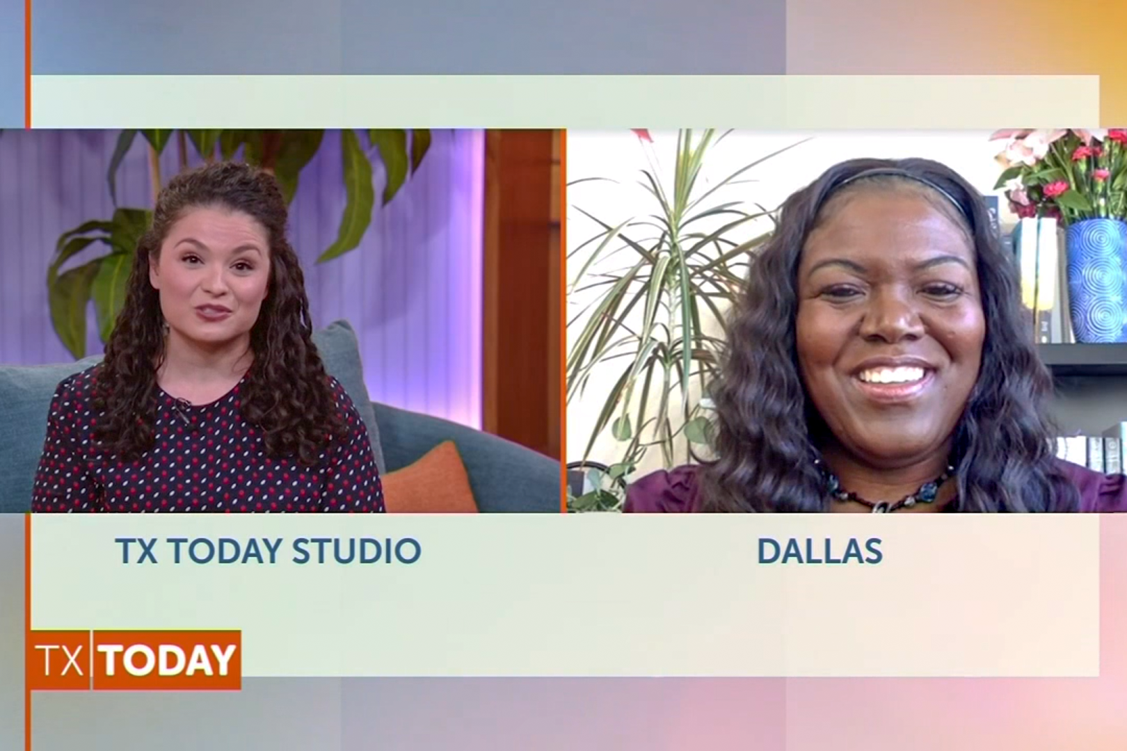 Two women on a video call, one in a studio and one from Dallas, for an SMU Excellent Educator segment.