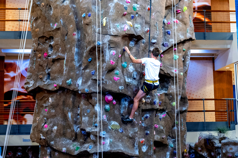 Climbing the rock wall in the Dedman Center for Lifetime Sports