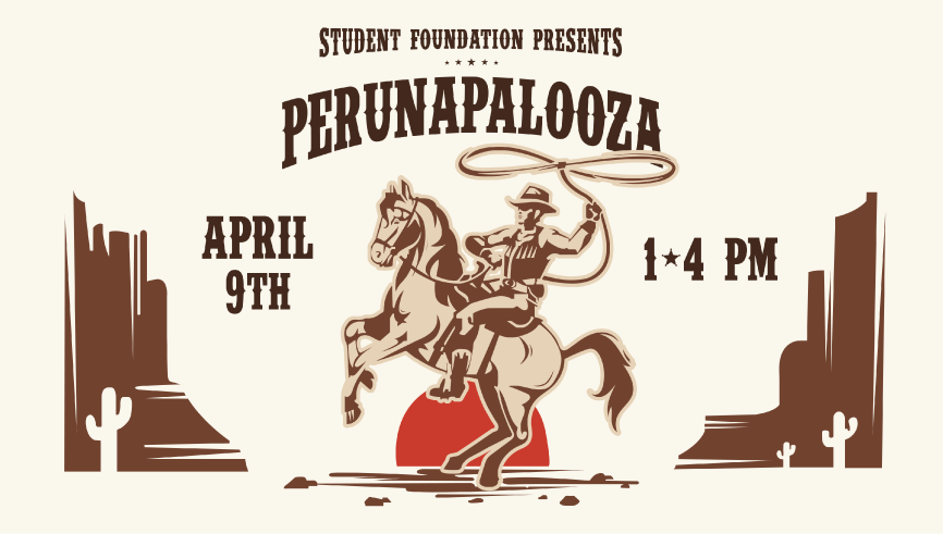 Perunapalooza festival graphic promoting Peruna's birthday celebration on Dallas Hall Lawn