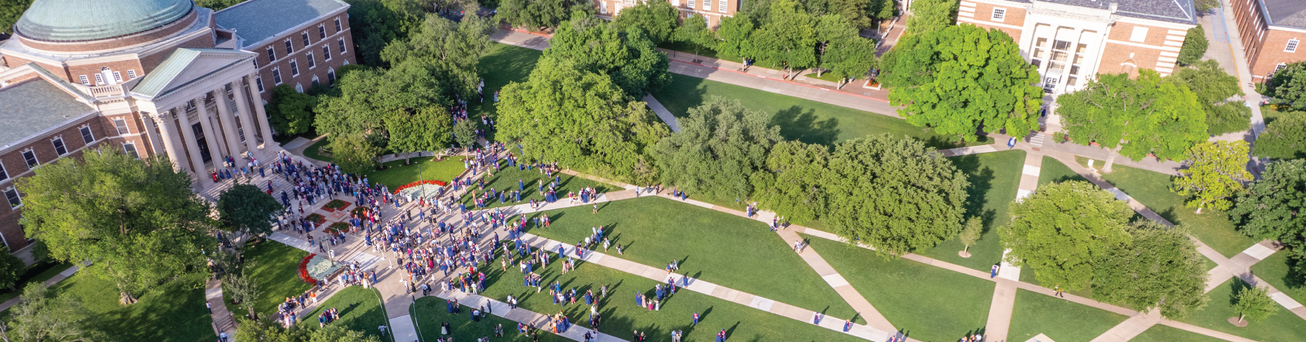 Aerial view of Dallas Hall Lawn filled with people during Founders' Day Weekend at SMU