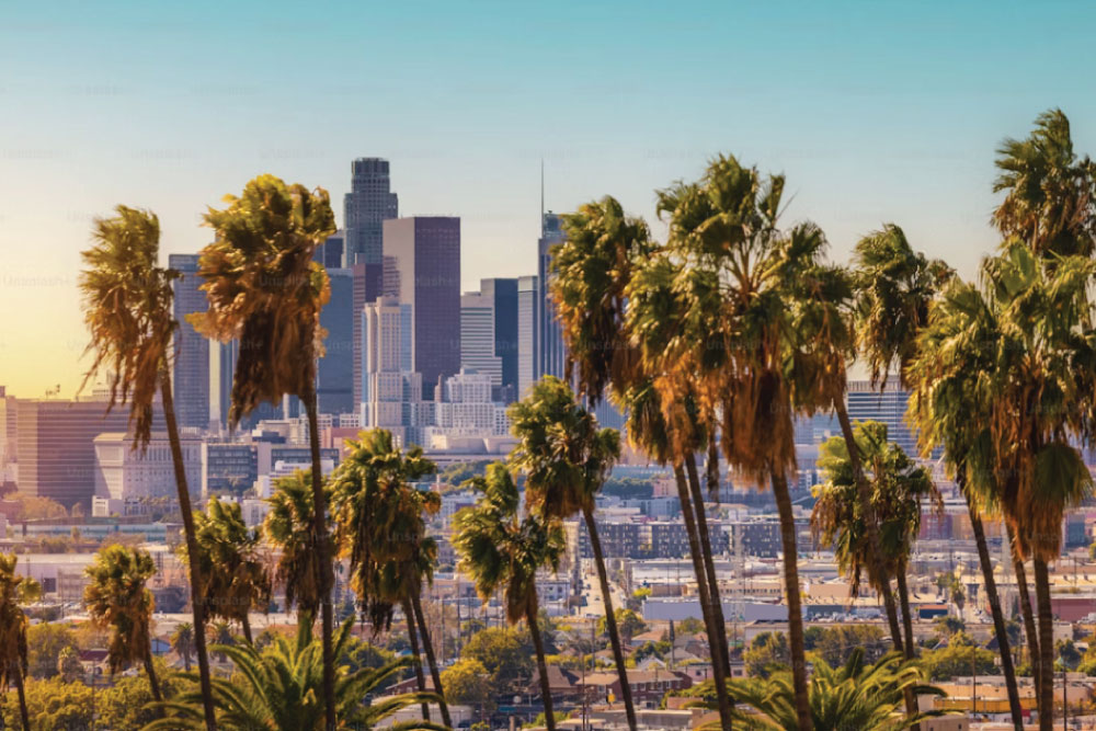 Downtown Los Angeles skyline at sunrise with freeways and palm trees.