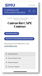 CAPE Canvas login page (mobile)