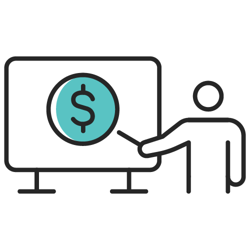 icon of a person pointing at a dollar sign