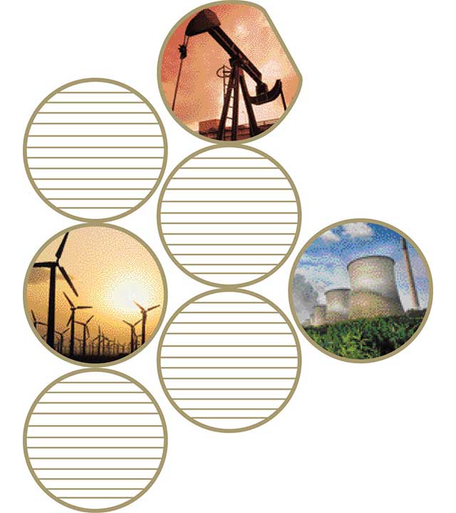 small collection of photos with drill, wind mill and solar panels