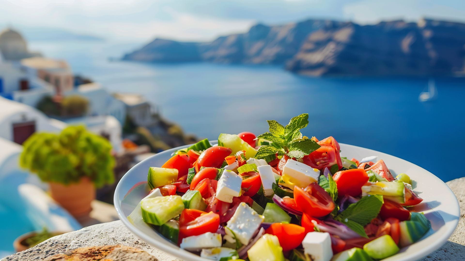 photo of food against scenic background