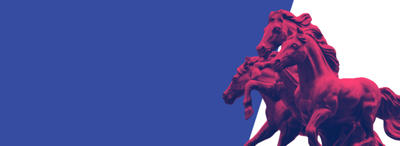 photo of galloping horses - rendered red - against blue backdrop