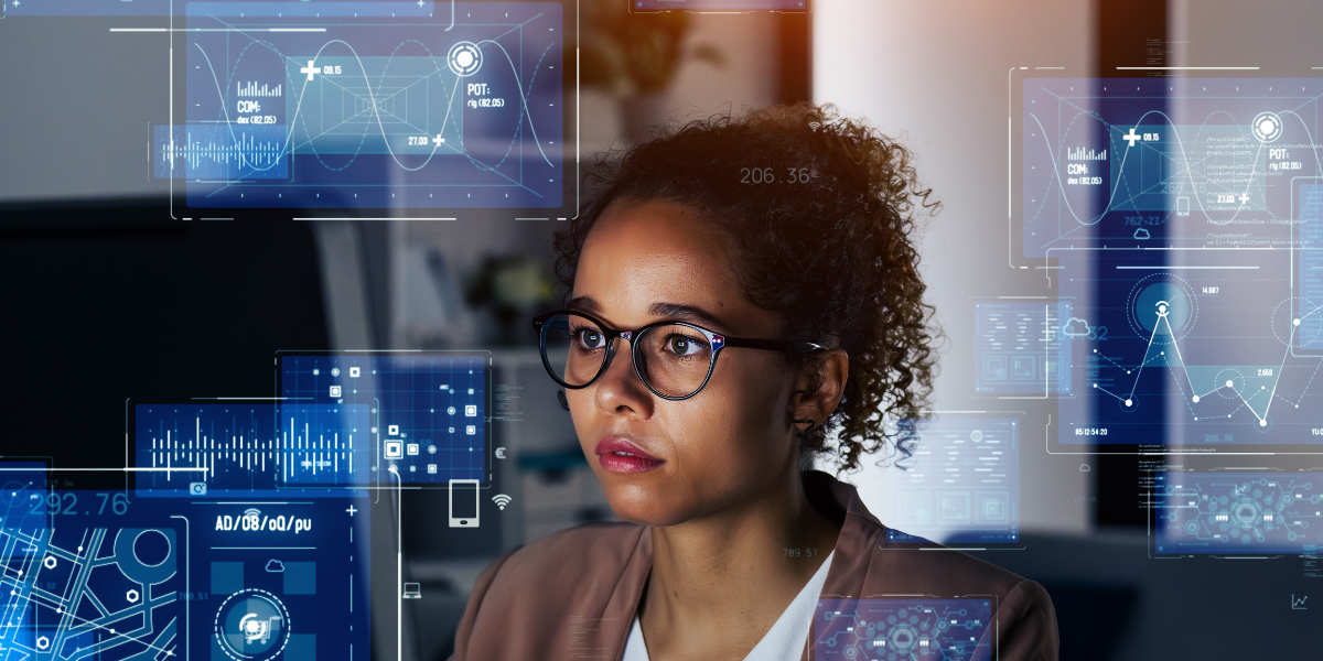 photo of a woman in front of computer using AI