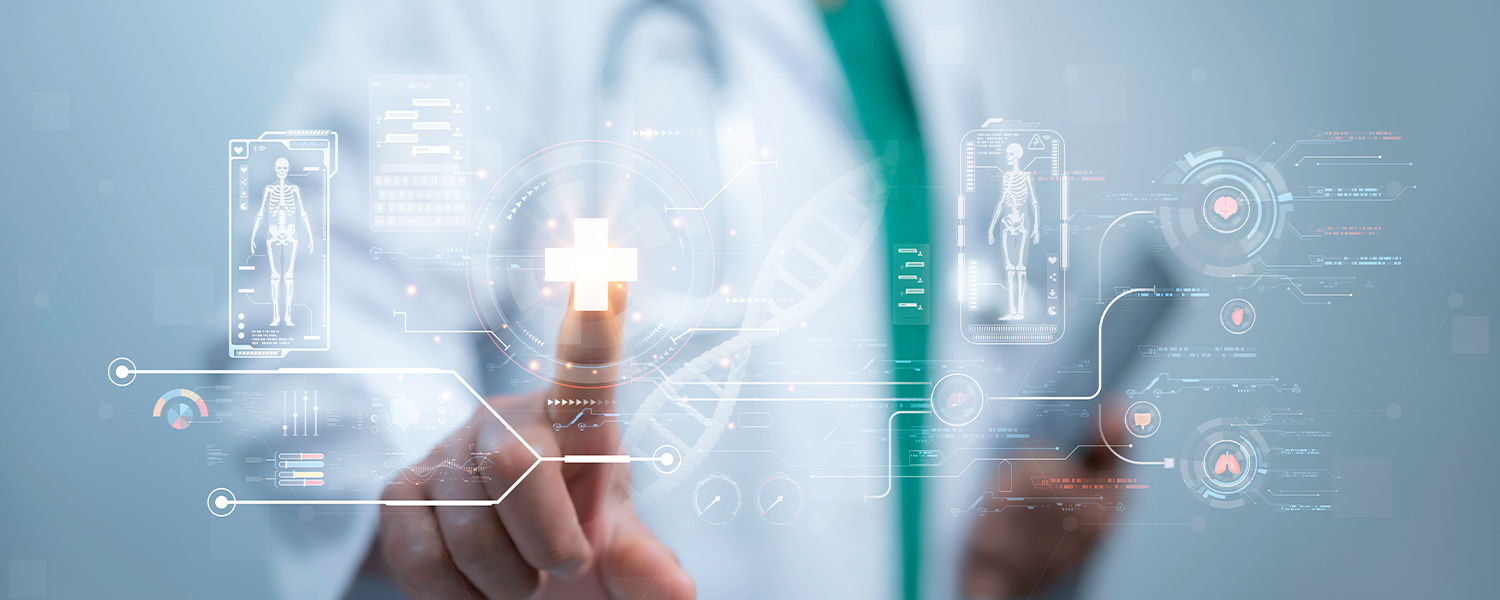 A person in a medical coat pointing at digital health graphics in front of them.