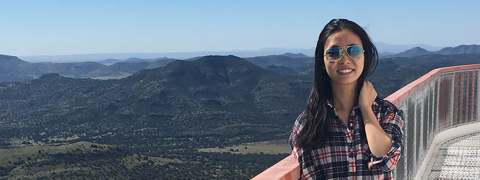 Student Jasmine Liu, Mountains in Background. 