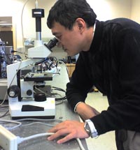 faculty looking in microscope.