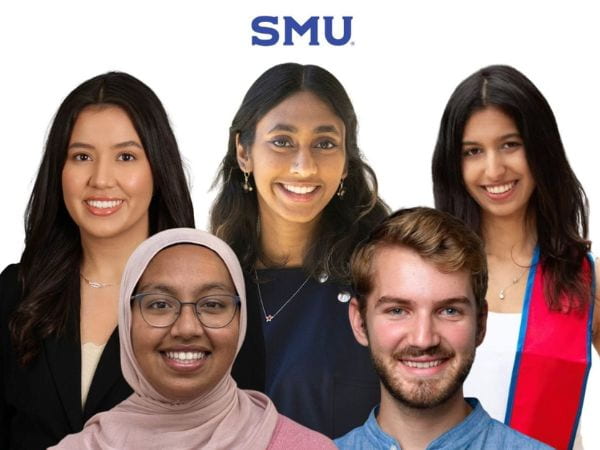 Graphic: Five students on a white background with SMU logo above.