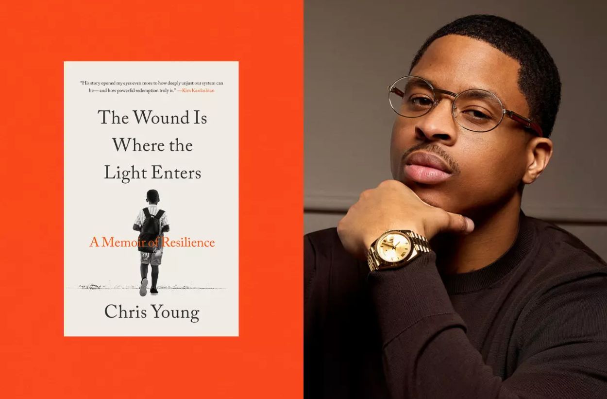 Portrait of Chris Young wearing a long-sleeve black shirt next to his memoir bookcover