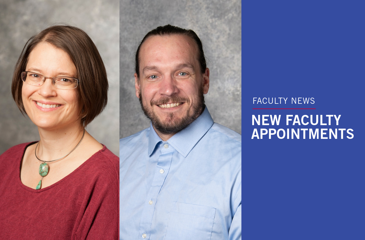 Professor Libby Russ in a red shirt and glasses alongside Professor Brian Zoltowski in a blue button-up shirt