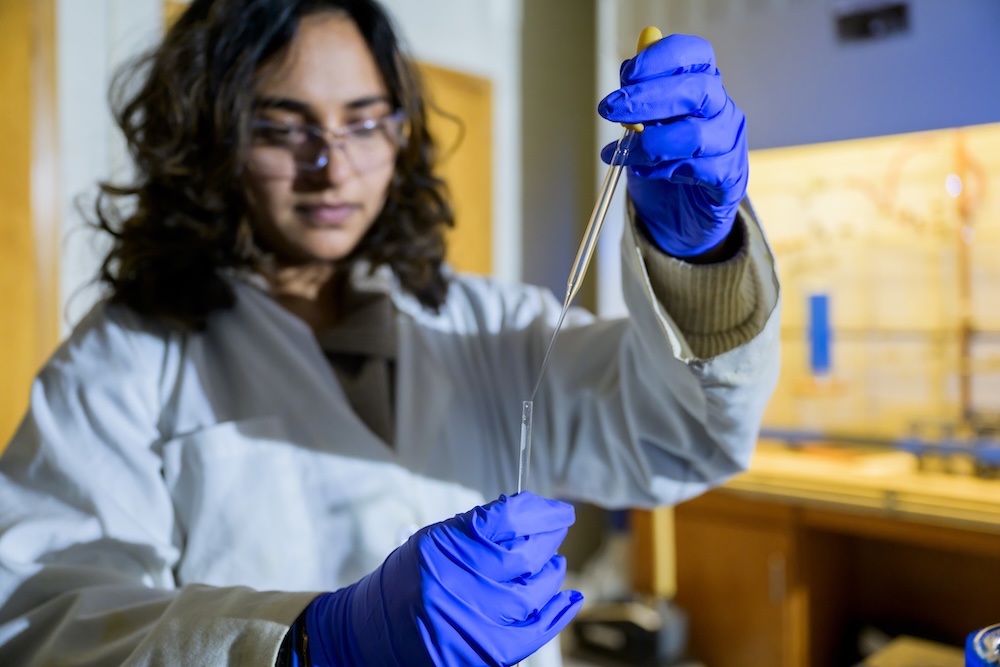 A student in the bachelor’s in biological sciences program conducts an experiment in one of SMU’s laboratories.
