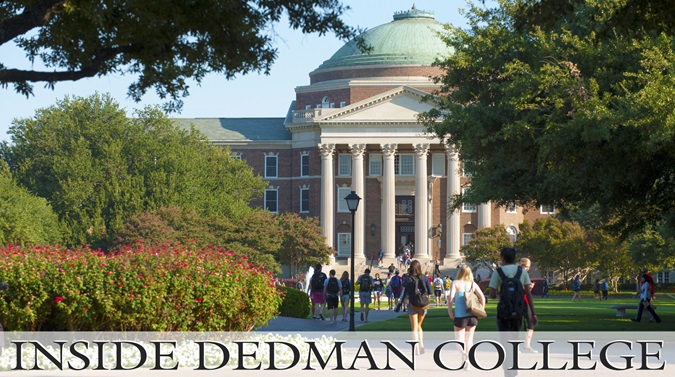 Inside Dedman College banner with Dallas Hall