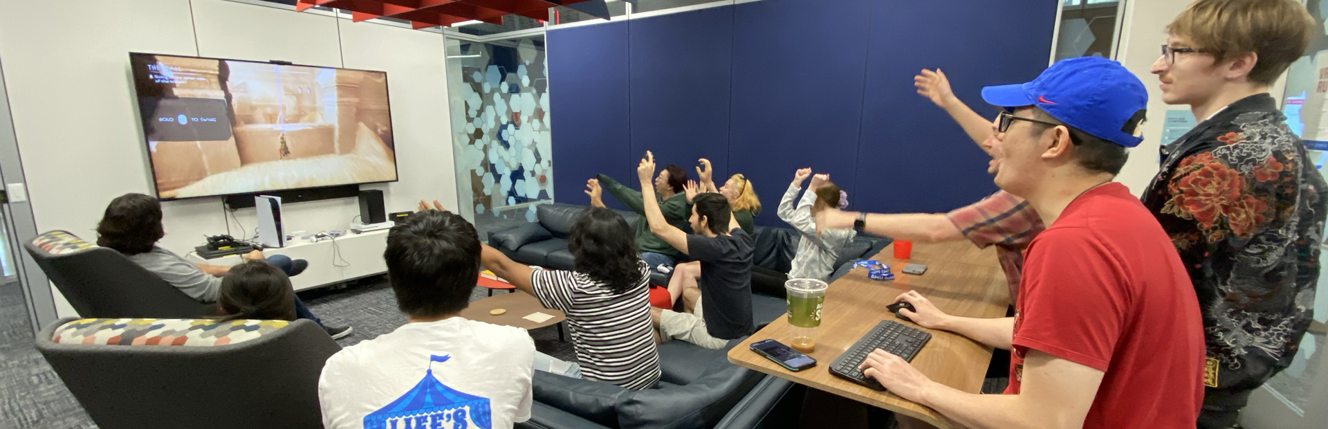 Photo of students playing a multiplayer game in SMU Guildhall's GameLab