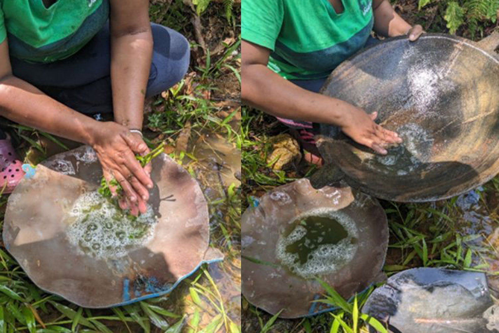 Image of a person sitting in a field sifting through material in a handmade bowl.