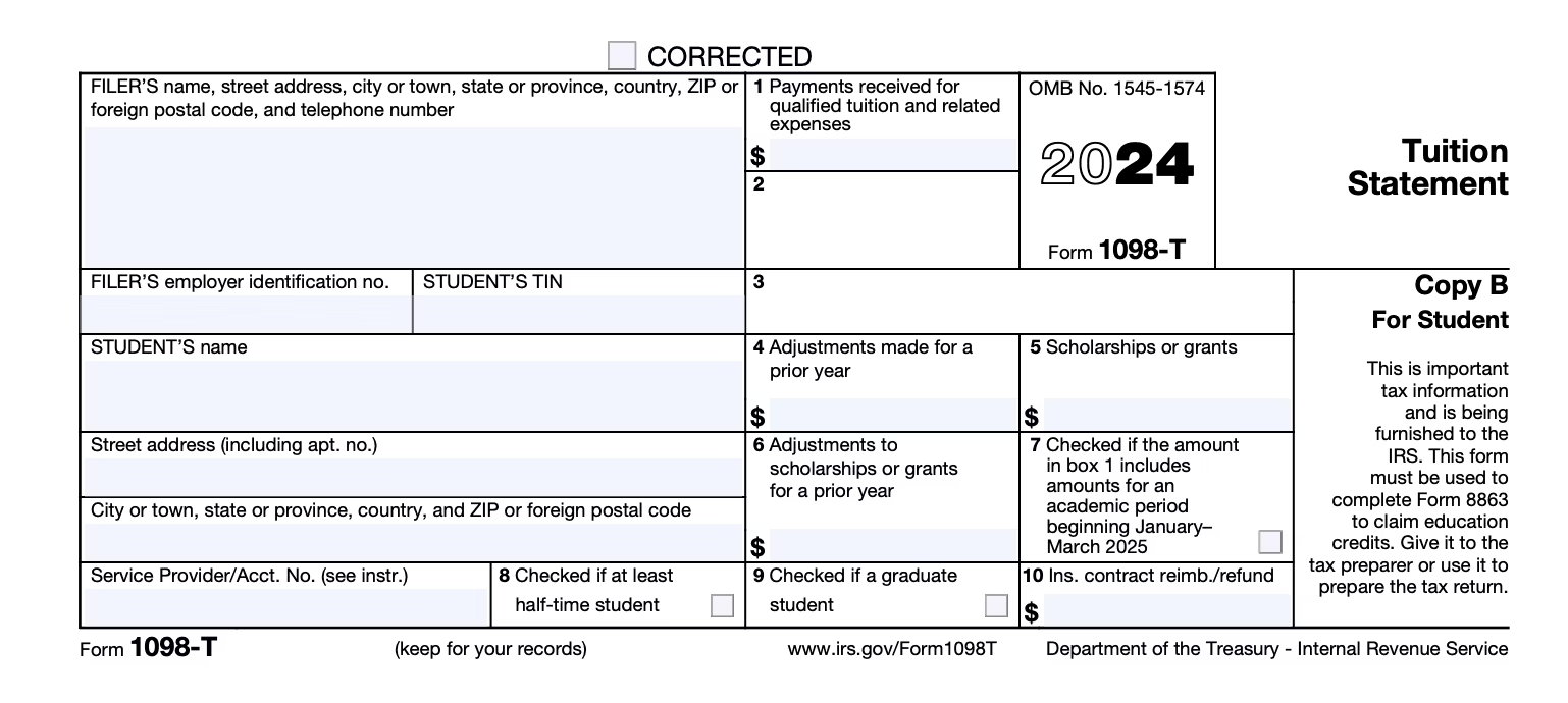 Example of a 2024 1098T Tax Form