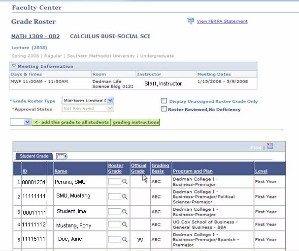 screenshot of grade roster