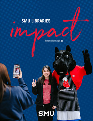 Cover of 2024-25 SMU Libraries Impact Report, showing a student having her photo taken with the Peruna mascot