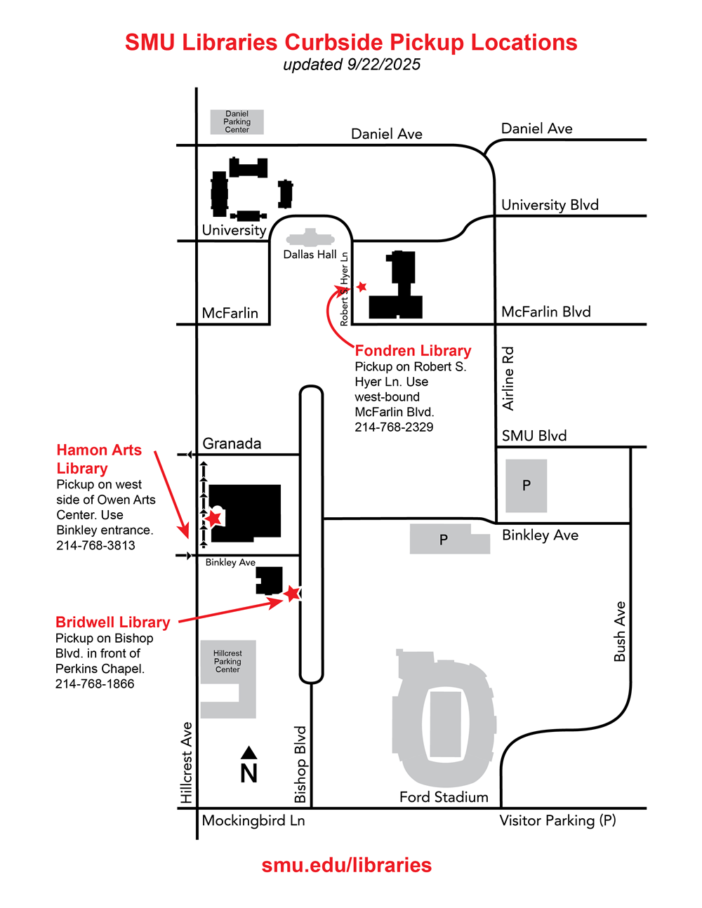 map of library curbside pickup locations at SMU