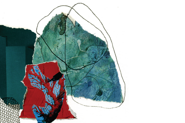 mixed media artwork with red, green, and black details