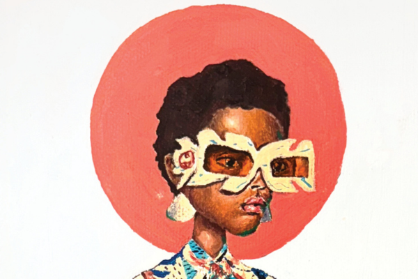 cover art cartoon painting of a woman wearing funky glasses