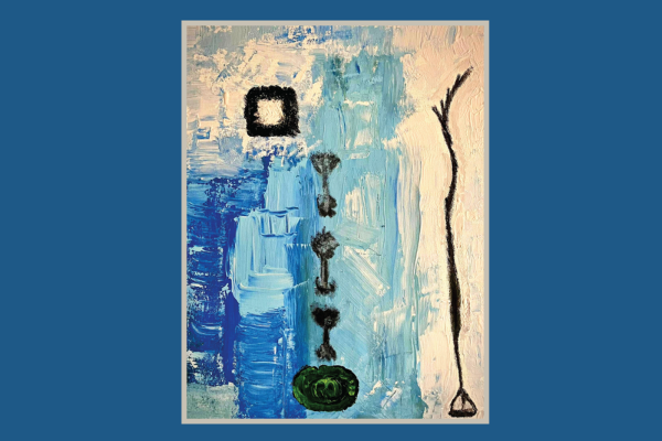 cover art close up of abstract painting with blue and black paints