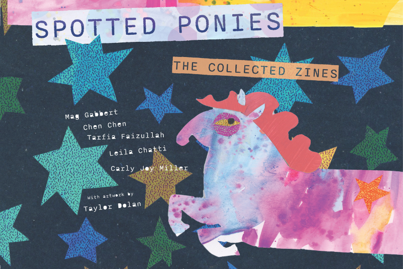 Colorful cover of the book spotted ponies with drawings of a pink pony and blue and green stars
