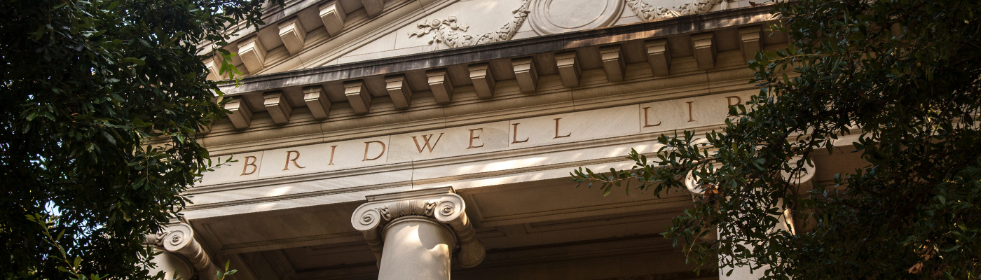 close up of bridwell library building facade