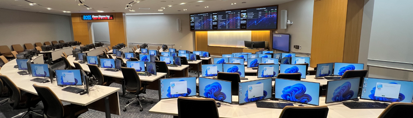 A view of the  Kitt Center showing many monitors and the stock ticker