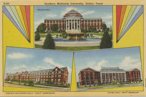 Postcard of drawings of SMU buildings from the 1930s